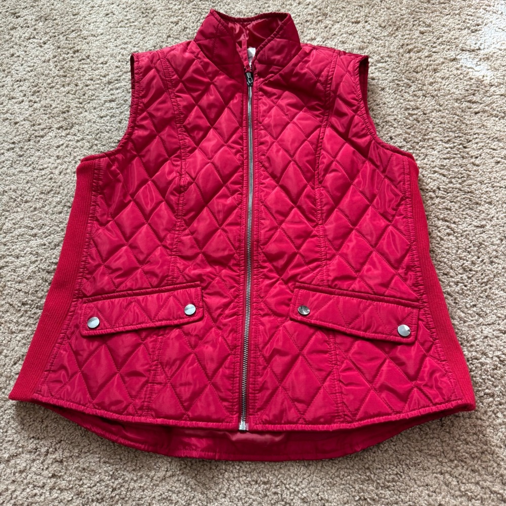 Dressbarn Red Quilted Puffer Vest Womens Large Diamond Stitch Full Zip Mock Neck